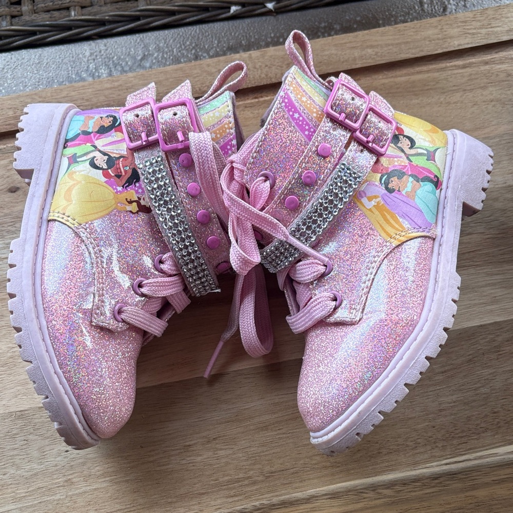 DISNEY PRINCESS GIRLS ANKLE TOP SHOES PINK Glitter ADJUSTABLE SZ:  7